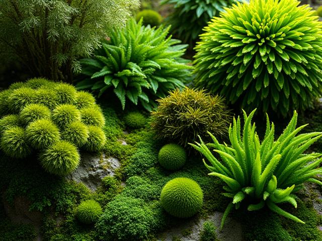 A diverse moss terrarium showcasing a rich tapestry of different moss species like Fern Moss, Spoon Moss, and Haircap Moss creating varied green patterns and textures.