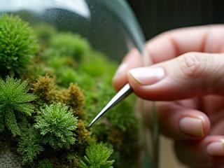 Detail shot of tweezers carefully arranging different types of moss, including Sheet Moss and Fern Moss, to create varied textures and depths within a glass vessel.