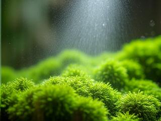 A fine mist of water being sprayed into a newly completed, vibrant moss terrarium, highlighting the fresh, dewy appearance of the moss.