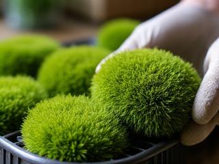 Expert hand gently selecting a vibrant piece of healthy Pillow Moss from a nursery tray.